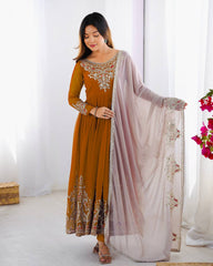 Orange Color Multi Thread Work Gown With White Dupatta Orange Color Multi Thread Work Gown With White Dupatta