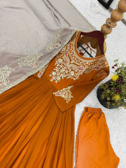Orange Color Multi Thread Work Gown With White Dupatta Orange Color Multi Thread Work Gown With White Dupatta
