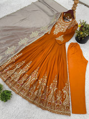 Orange Color Multi Thread Work Gown With White Dupatta Orange Color Multi Thread Work Gown With White Dupatta