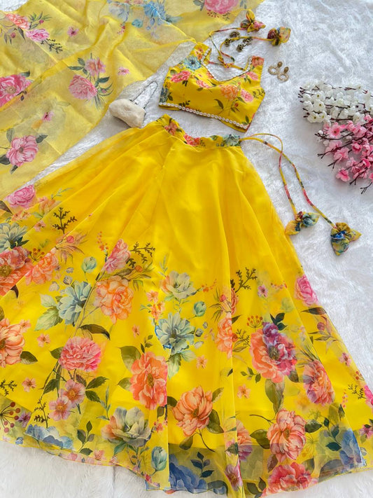 Function Wear Flower Printed Yellow Color Lehenga Choli