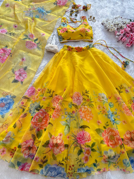 Function Wear Flower Printed Yellow Color Lehenga Choli