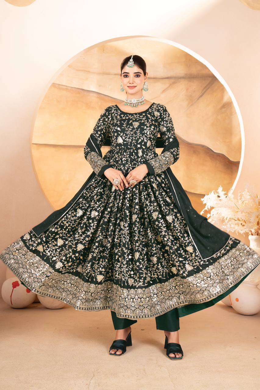 Occasion Wear Heavy Work Green Color Anarkali Gown