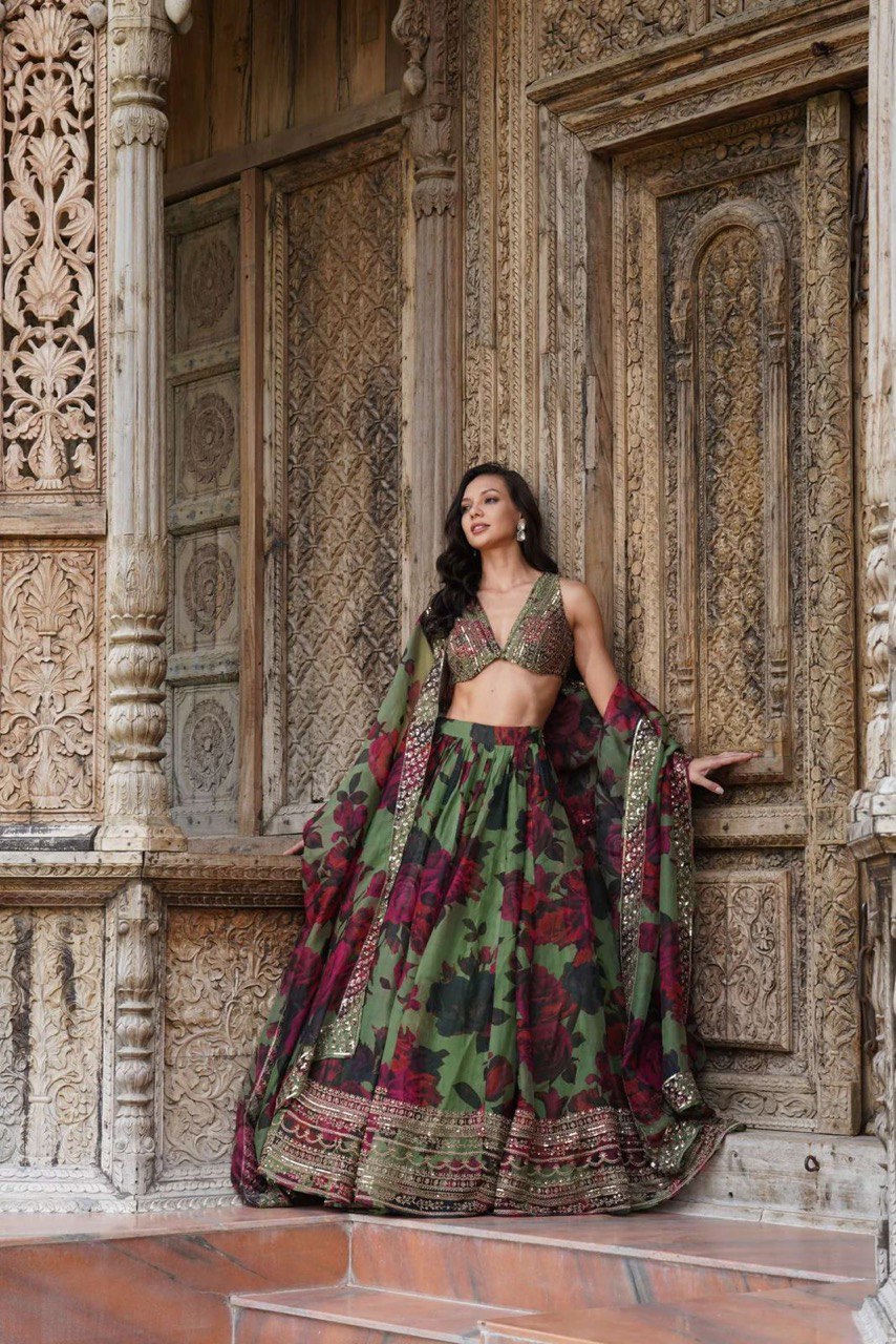 Captivating Multi Flower Print With Green Color Lehenga Choli