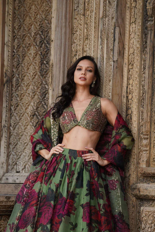 Captivating Multi Flower Print With Green Color Lehenga Choli