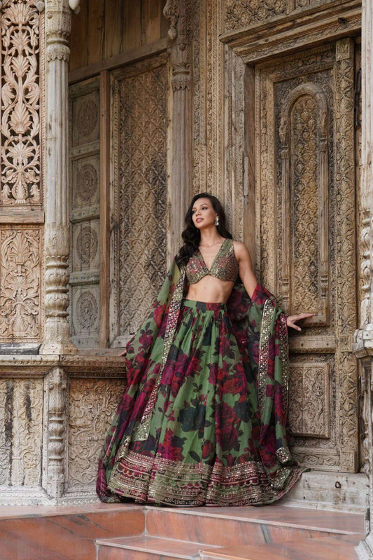 Captivating Multi Flower Print With Green Color Lehenga Choli