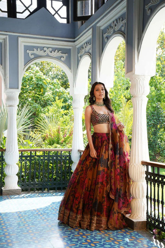 Captivating Multi Flower Print With Mustard Color Lehenga Choli
