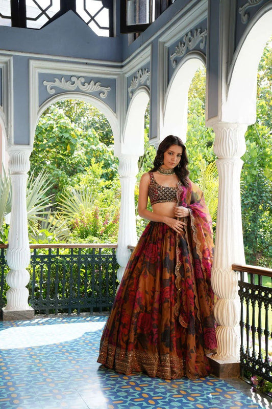 Captivating Multi Flower Print With Mustard Color Lehenga Choli