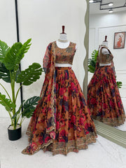 Captivating Multi Flower Print With Mustard Color Lehenga Choli Captivating Multi Flower Print With Mustard Color Lehenga Choli