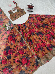 Captivating Multi Flower Print With Mustard Color Lehenga Choli Captivating Multi Flower Print With Mustard Color Lehenga Choli