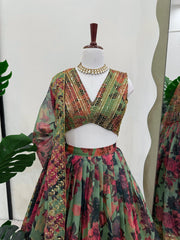 Captivating Multi Flower Print With Green Color Lehenga Choli Captivating Multi Flower Print With Green Color Lehenga Choli