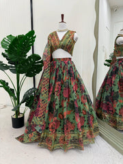 Captivating Multi Flower Print With Green Color Lehenga Choli Captivating Multi Flower Print With Green Color Lehenga Choli