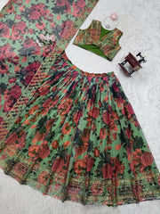 Captivating Multi Flower Print With Green Color Lehenga Choli Captivating Multi Flower Print With Green Color Lehenga Choli