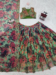 Captivating Multi Flower Print With Green Color Lehenga Choli Captivating Multi Flower Print With Green Color Lehenga Choli