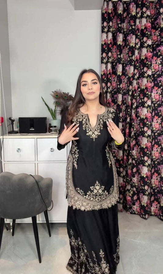 Fantastic Heavy Work Black Color Sharara Suit
