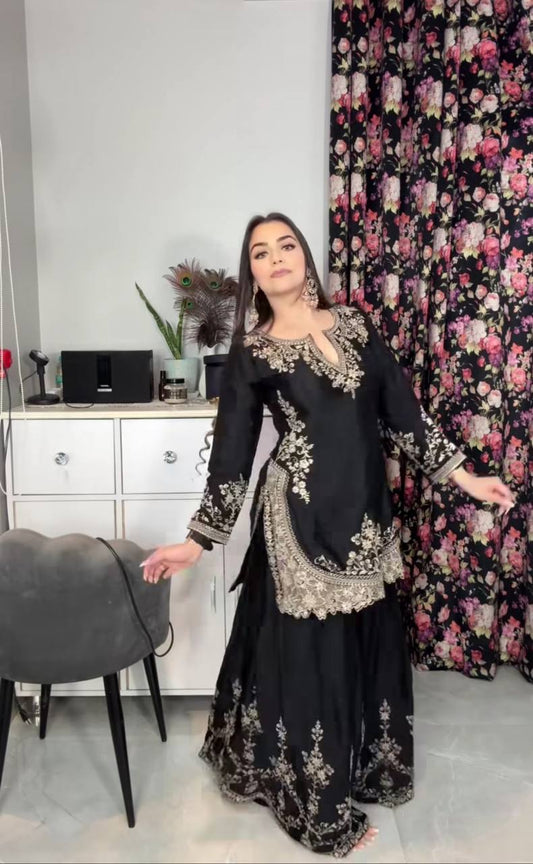 Fantastic Heavy Work Black Color Sharara Suit