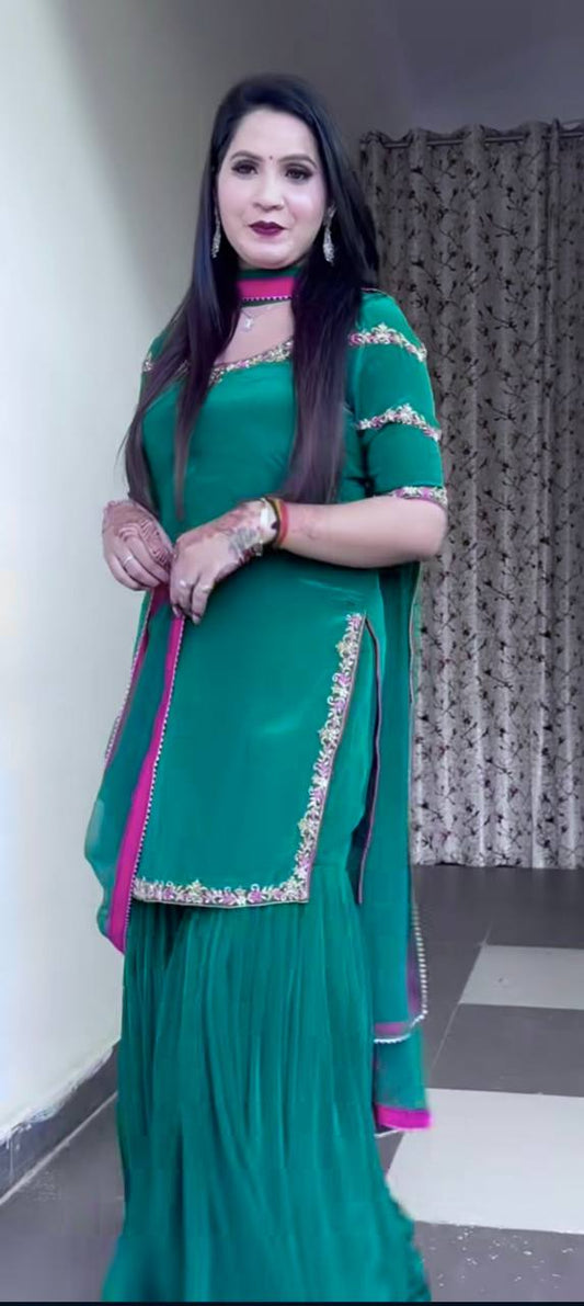 Fabulous Embroidery Work Green Color Sharara Suit