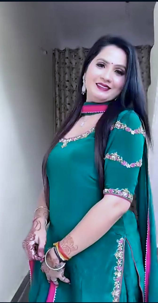 Fabulous Embroidery Work Green Color Sharara Suit