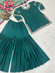 Fabulous Embroidery Work Green Color Sharara Suit Fabulous Embroidery Work Green Color Sharara Suit