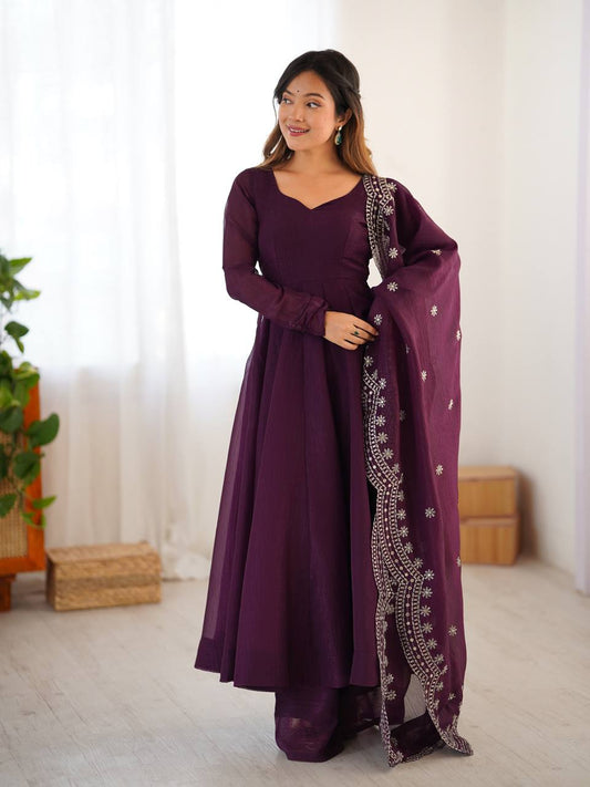 Adorable Fandy Silk Wine Color Anarkali Gown