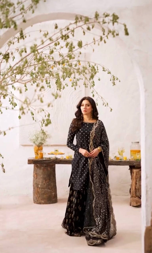 Marvelous Embroidery Work Black Color Sharara Suit
