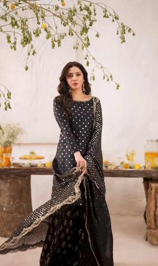 Marvelous Embroidery Work Black Color Sharara Suit