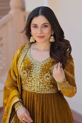 Delightful Embroidered Work Mehndi Color Gown Delightful Embroidered Work Mehndi Color Gown