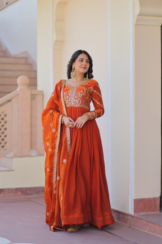 Delightful Embroidered Work Orange Color Gown