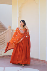 Delightful Embroidered Work Orange Color Gown Delightful Embroidered Work Orange Color Gown