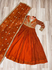 Delightful Embroidered Work Orange Color Gown Delightful Embroidered Work Orange Color Gown