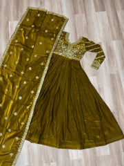 Delightful Embroidered Work Mehndi Color Gown Delightful Embroidered Work Mehndi Color Gown