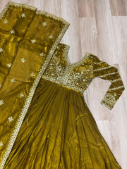 Delightful Embroidered Work Mehndi Color Gown Delightful Embroidered Work Mehndi Color Gown