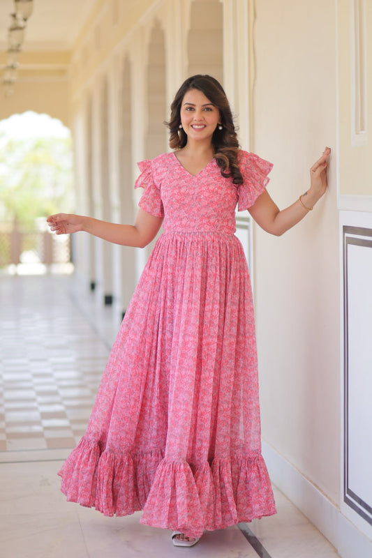 Attractive Ruffle Flare Printed Pink Color Long Gown