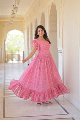 Attractive Ruffle Flare Printed Pink Color Long Gown Attractive Ruffle Flare Printed Pink Color Long Gown