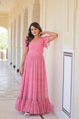 Attractive Ruffle Flare Printed Pink Color Long Gown Attractive Ruffle Flare Printed Pink Color Long Gown