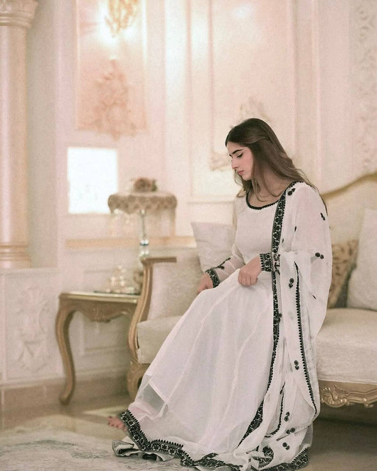 Presenting Embroidery Work White Color Anarkali Gown