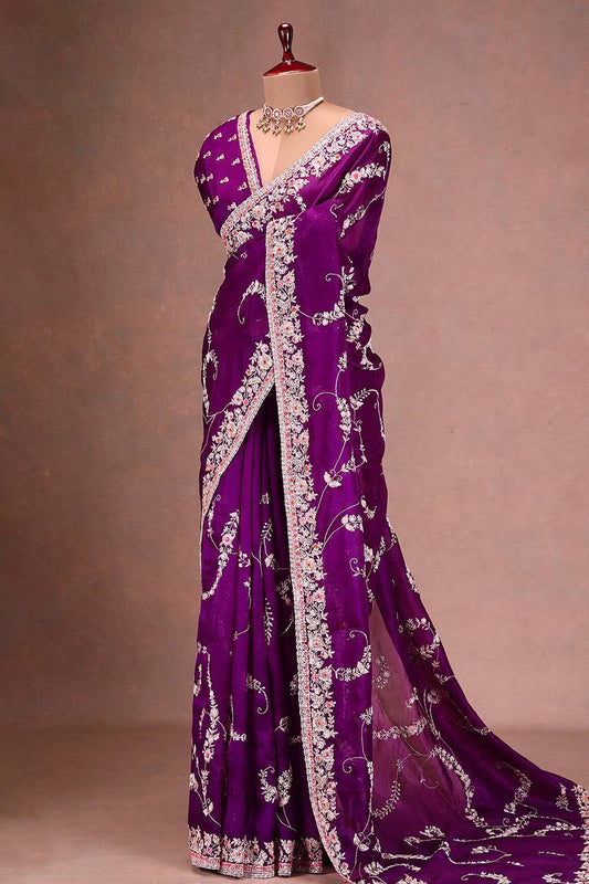 Flattering Heavy Work Purple Color Saree