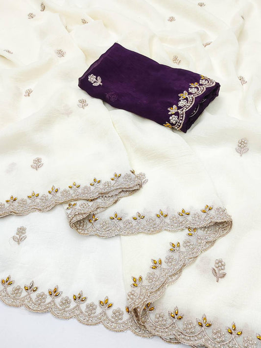 Party Wear Embroidery Work White Color Saree
