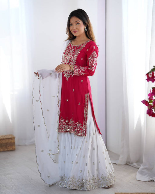 Admiring Embroidery Work Pink Color Sharara Suit