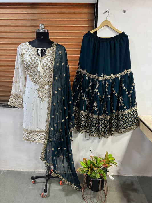 Exclusive Heavy Work White Color Suit Teal Blue Sharara