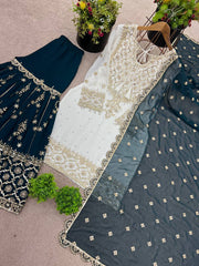 Exclusive Heavy Work White Color Suit Teal Blue Sharara Exclusive Heavy Work White Color Suit Teal Blue Sharara