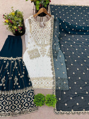 Exclusive Heavy Work White Color Suit Teal Blue Sharara Exclusive Heavy Work White Color Suit Teal Blue Sharara
