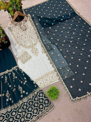 Exclusive Heavy Work White Color Suit Teal Blue Sharara Exclusive Heavy Work White Color Suit Teal Blue Sharara