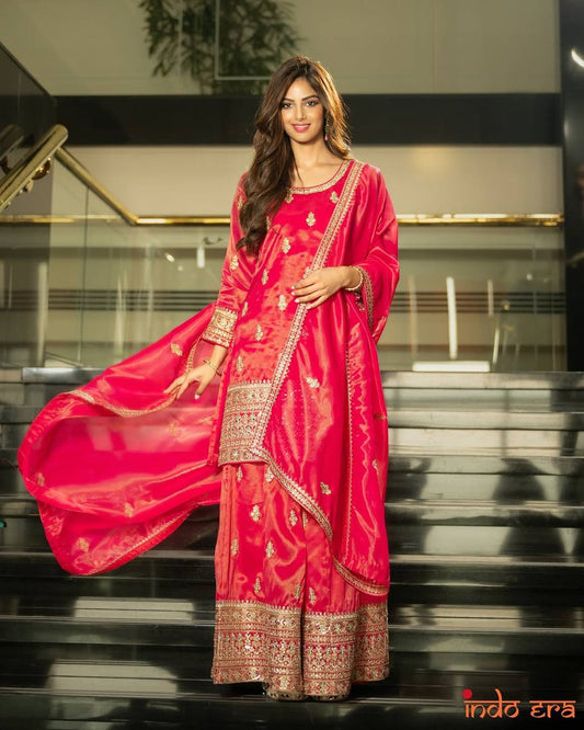 Wonderful Embroidery Work Pink Color Palazzo Suit