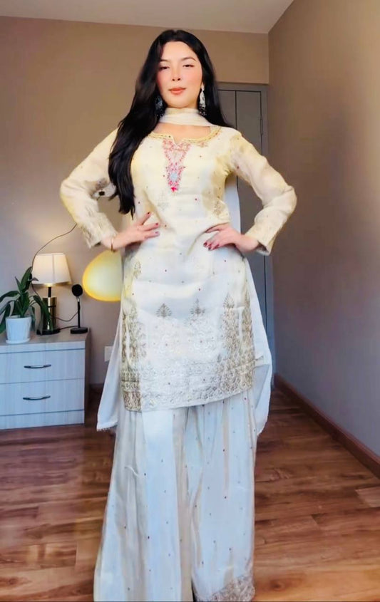 Good Looking Sequence Work White Color Palazzo Suit