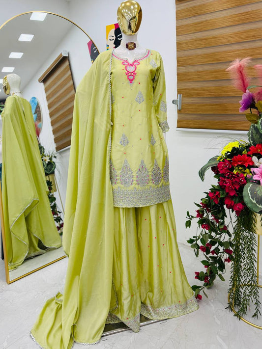 Good Looking Sequence Work Green Color Palazzo Suit
