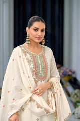 Demanding Embroidery Work White Color Sharara Suit Demanding Embroidery Work White Color Sharara Suit