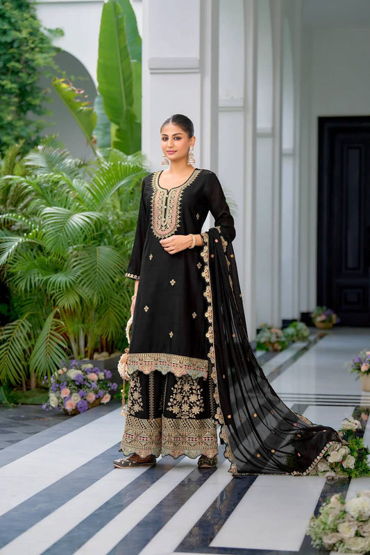 Demanding Embroidery Work Black Color Sharara Suit