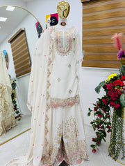 Demanding Embroidery Work White Color Sharara Suit Demanding Embroidery Work White Color Sharara Suit
