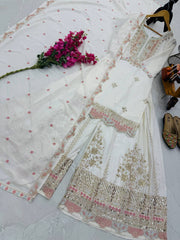 Demanding Embroidery Work White Color Sharara Suit Demanding Embroidery Work White Color Sharara Suit