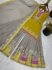 Beautiful Sequence Work Mustard Color Sharara Suit Beautiful Sequence Work Mustard Color Sharara Suit